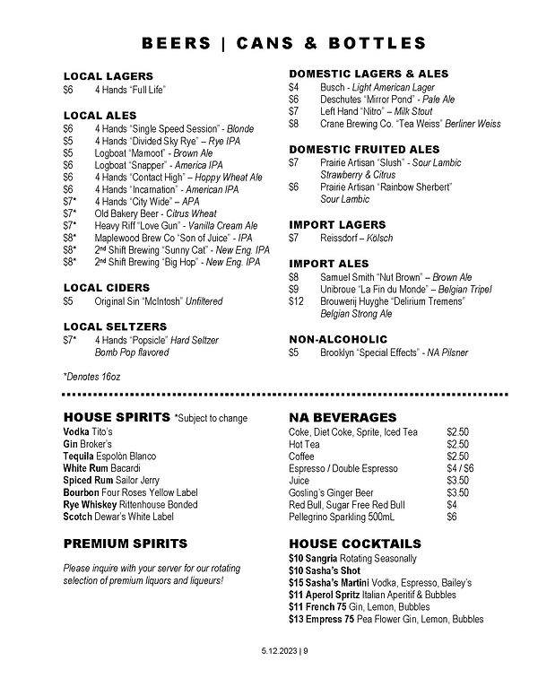 Sasha's on DeMun Beverage Menu